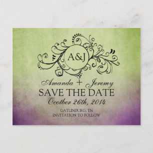 Postale Faire-part Vert rustique et violet bohème, carte d'invitation