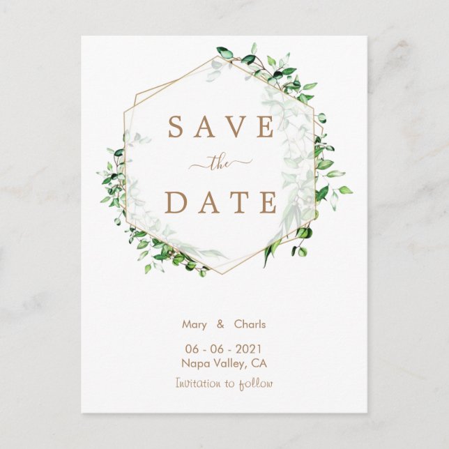 Postale Gold Greenery Wedding Enregistrer la date carte po (Devant)