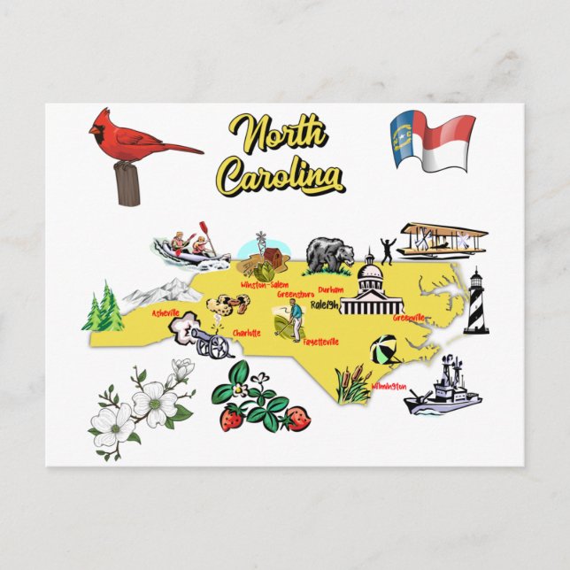 Postale Illustration de la carte de Caroline du Nord (Devant)