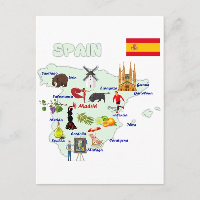 Postale Illustration de la carte de l'Espagne (Devant)