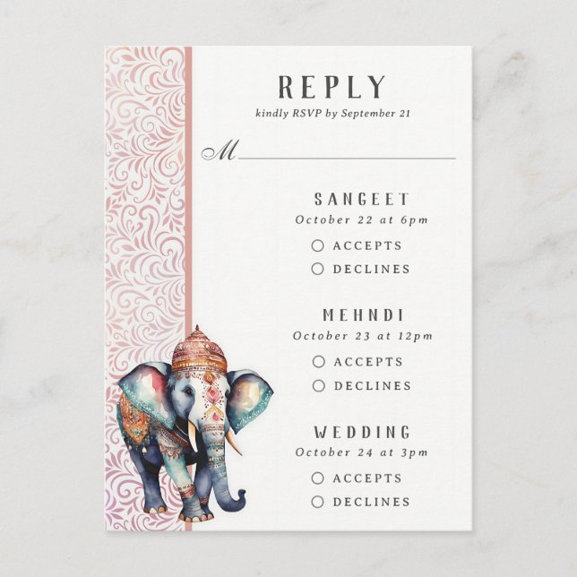 Postale Indian Elephant Multi Event Wedding Carte RSVP (Devant)