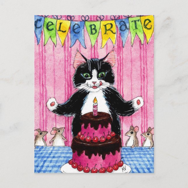 Postale Jolie carte de chat avec gâteau de célébration ros (Devant)