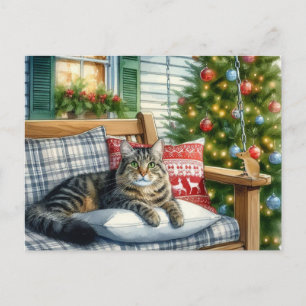 Postale Jolie carte de Noël avec un chat allongé près d'un