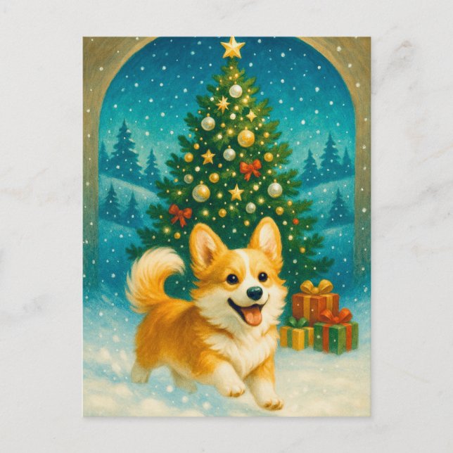 Postale Jolie carte de Noël avec un corgi et un sapin joye (Devant)