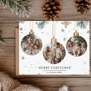 Postale Joyeuse carte de Noël avec trois ornements Photos