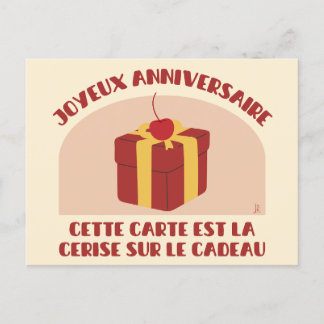 Postale Joyeux anniversaire, carte cerise sur le cadeau