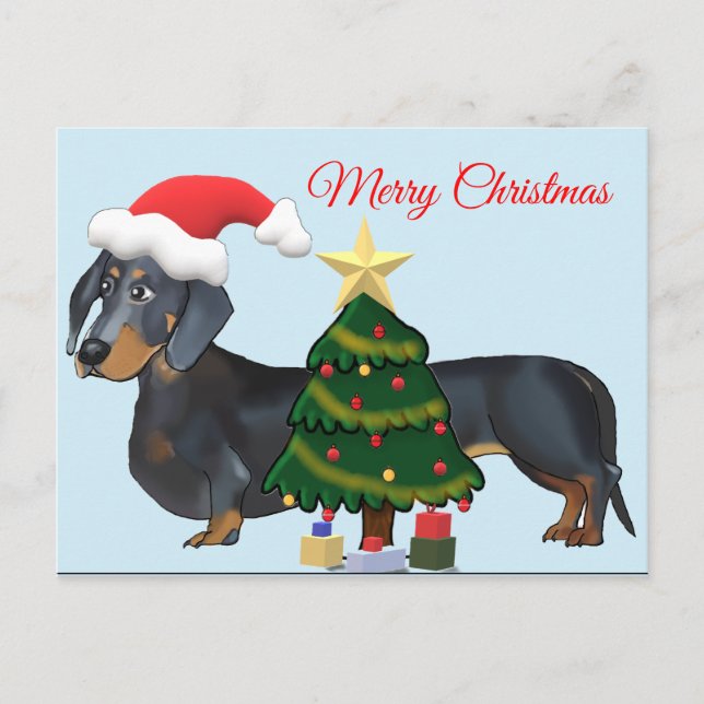 Postale Joyeux Dachshund de Noël avec Carte Arbre (Devant)