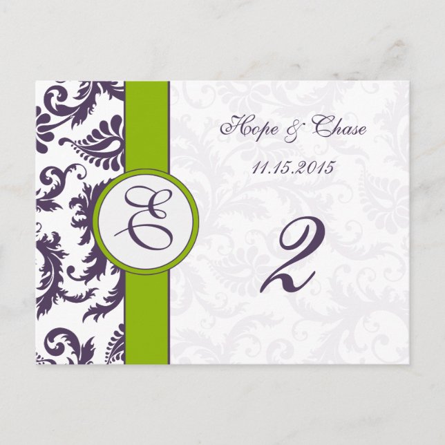 Postale Lapis Purple Damask Apple Green Table Numéro Carte (Devant)