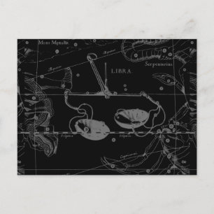Postale Libra Constellation Hevelius 1690 Carte sur Noir