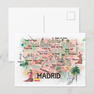Postale Madrid Espagne Carte de Voyage Illustrée avec Rout