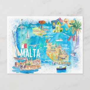 Postale Malte Carte de voyage illustrée des îles avec rout