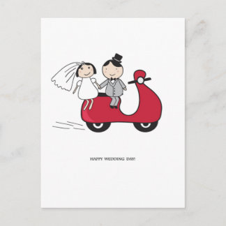 Postale Mariée et mariée sur le scooter rouge. Carte maria