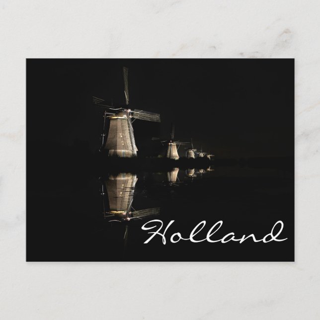 Postale Moulins à vent illuminés à Kinderdijk texte carte  (Devant)