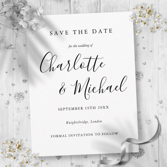 Postale Noir et blanc Script Mariage Enregistrer la carte  (Black And White Script Wedding Save the Date Card)