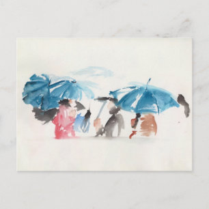Postale Parapluies bleues Aquarelles originales Carte post