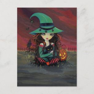 Postale Petite Sorcière et Chat Noir Carte de Vœux Hallowe