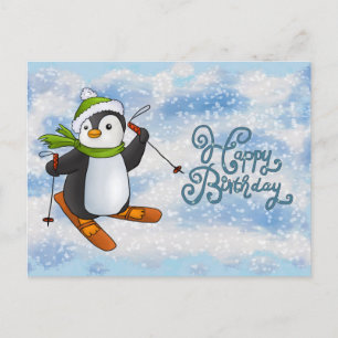 Postale Pingouin avec carte de ski