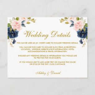 Postale Pink Blush Blue Floral Gold Mariage Détails Carte