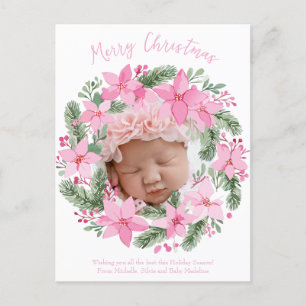 Postale Pink New Baby Photo Carte de Noël Girl Poinsettia