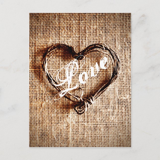 Postale Rustic Twine Heart Burlap Imprimer LOVE Carte post (Devant)