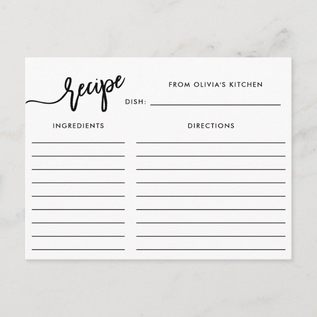 Postale Script manuscrit noir et blanc| Carte Recette (Devant)