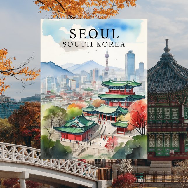 Postale Séoul, Corée du Sud Watercolor Travel Art Carte po (Seoul South Korea)