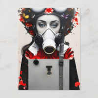 Une femme dans un masque à gaz avec une carte post