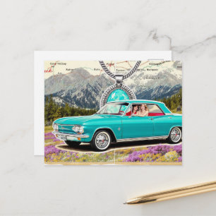 Postale Voiture ancienne sur une carte dans les montagnes 
