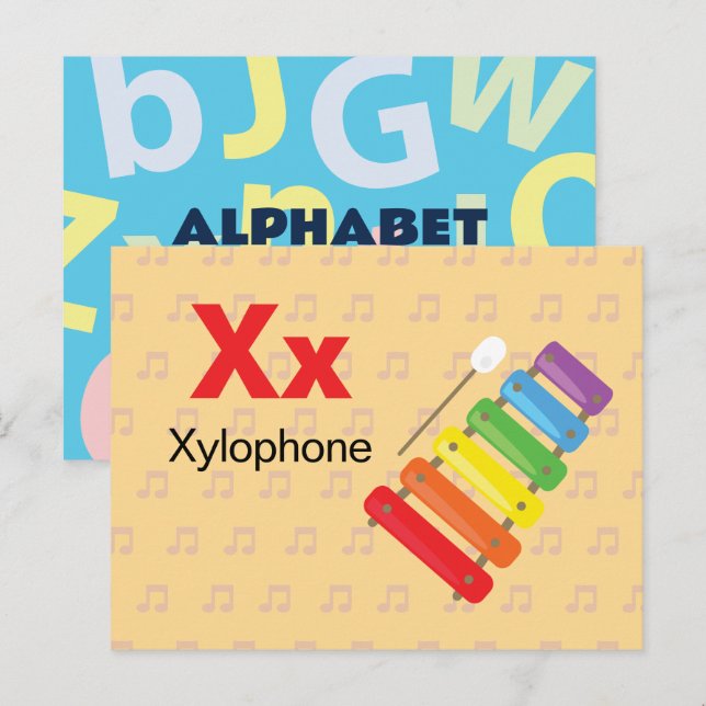 Postale X est pour Xylophone - Carte Flash Alphabet (Devant / Derrière)