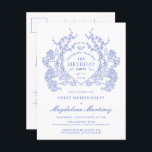 POSTCARD 16th Birthday Blue Floral Crest Invite<br><div class="desc">An elegant French vintage blue floral crest takes centre stage on this timeless birthday invitation. Ornate,  formal and very feminine will make any birthday lady feel very special. Coordinating party supplies are available.</div>