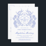 POSTCARD 16th Birthday Blue Floral Crest Invite<br><div class="desc">An elegant French vintage blue floral crest takes centre stage on this timeless birthday invitation. Ornate,  formal and very feminine will make any birthday lady feel very special. Coordinating party supplies are available.</div>