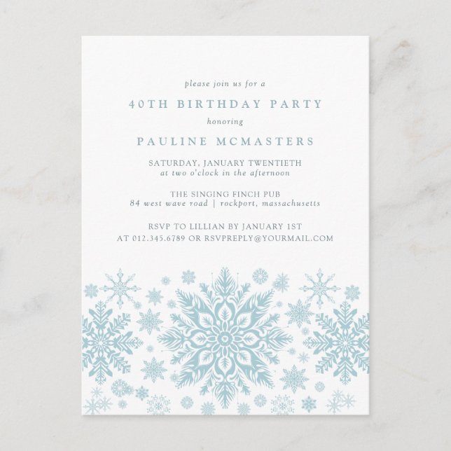 POSTCARD 40th Birthday Blue Snowflake Invitation (Front)