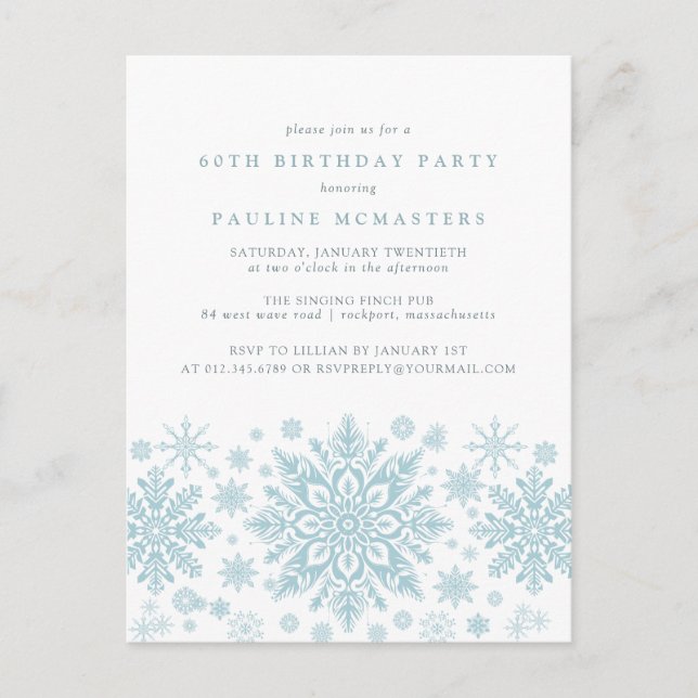 POSTCARD 60th Birthday Blue Snowflake Invitation (Front)