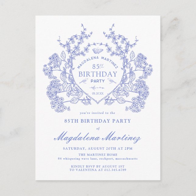 POSTCARD 85TH Birthday Blue Floral Crest Invite (Front)