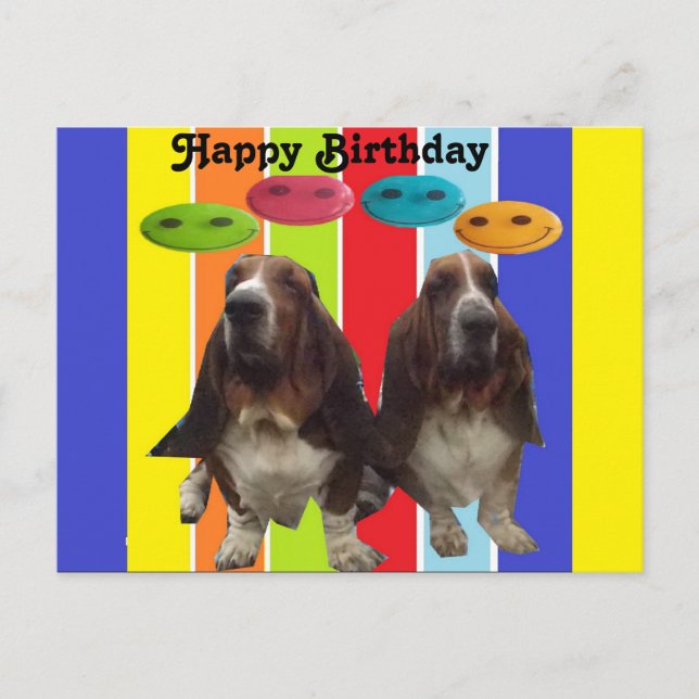Postcard Baby Happy Birthday Basset Hounds Rainbow (Front)