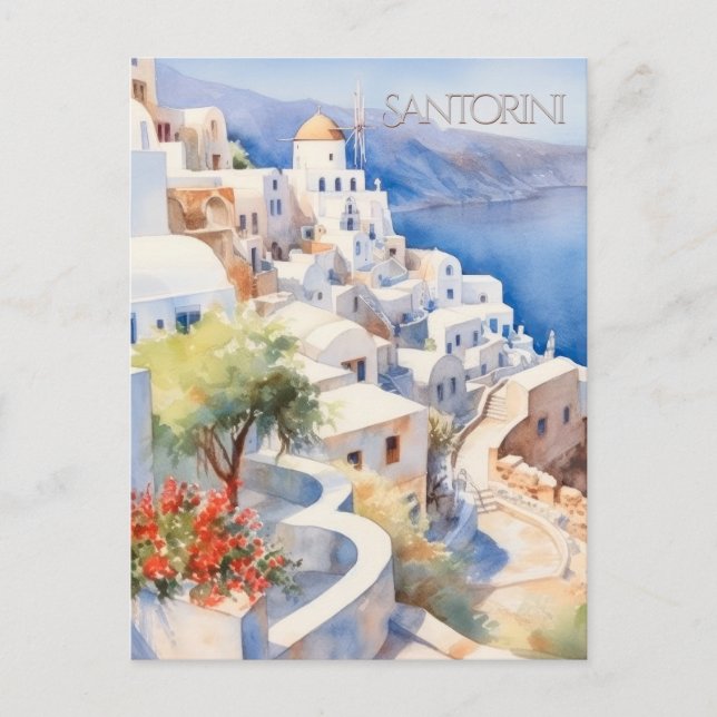 POSTCARD Beautiful Watercolor of Santorini Greece (Front)