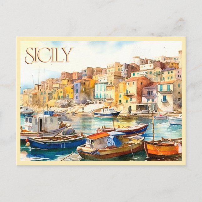 POSTCARD Colorful Watercolor Sicily Harbor Travel (Front)