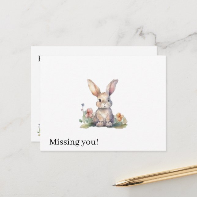 Postcard Cute Floral Rabbit Missing you! (Front/Back In Situ)