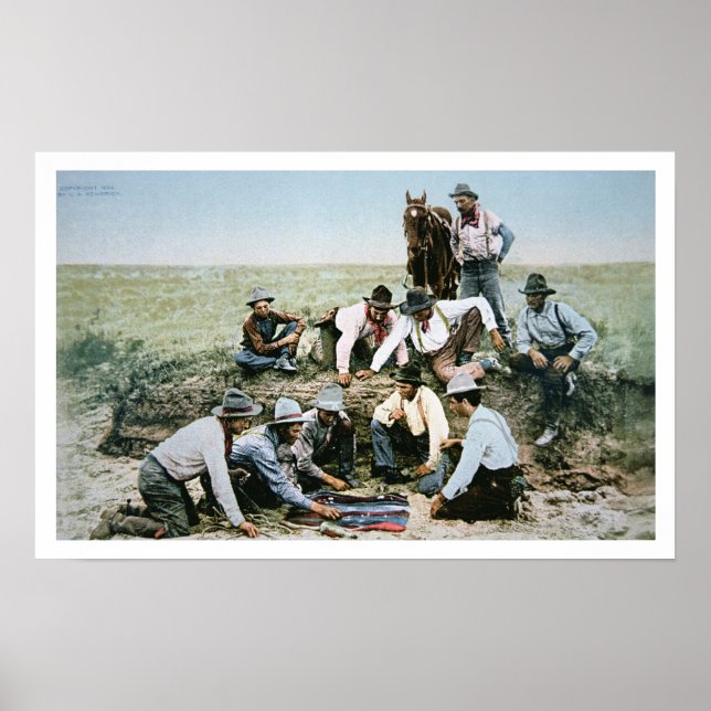 Postcard depicting cowboys gambling shooting craps poster (Front)