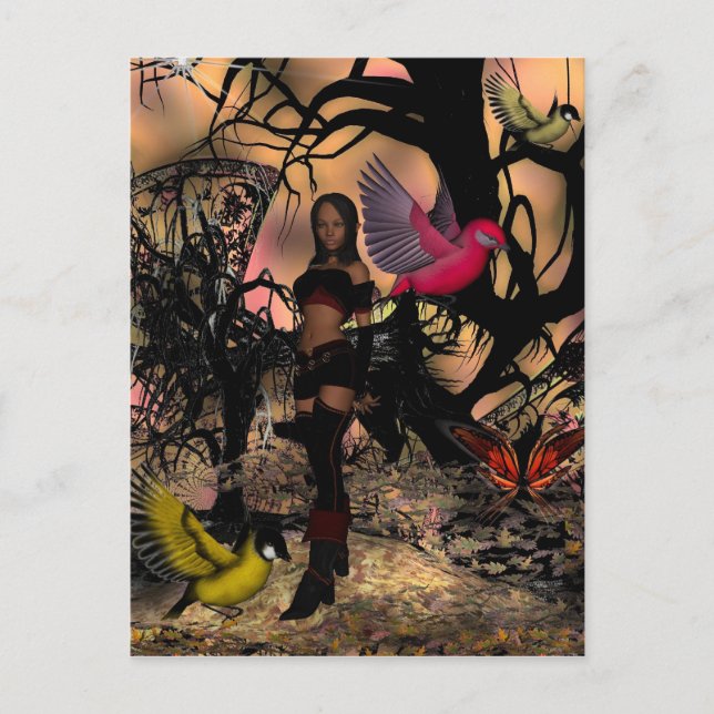 Postcard Elf Girl Birds (Front)