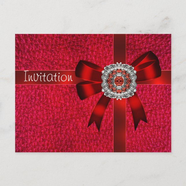 Postcard Invitation Red Leather Bow Jewel (Front)