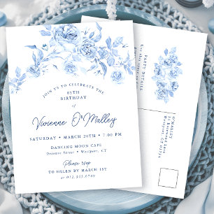 POSTCARD INVITE 85th Birthday Dusty Blue Floral