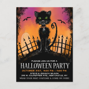 Postcard Invite - Black Halloween Cat in Graveyard