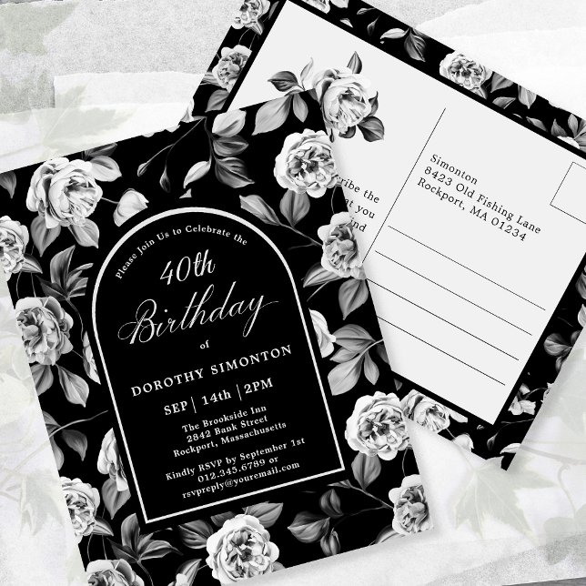 Postcard Invite Black White Floral 40th Birthday (Creator Uploaded)