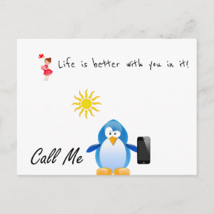 Postcard Love Penguin Call me, Life is better with