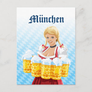 Postcard Munich Dirndl Waitress Beer Stein