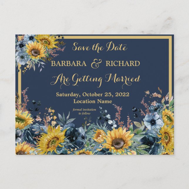 Postcard Navy Blue Sunflower Floral Save Date  (Front)