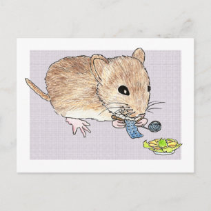 Postcard of a knitting brown mouse