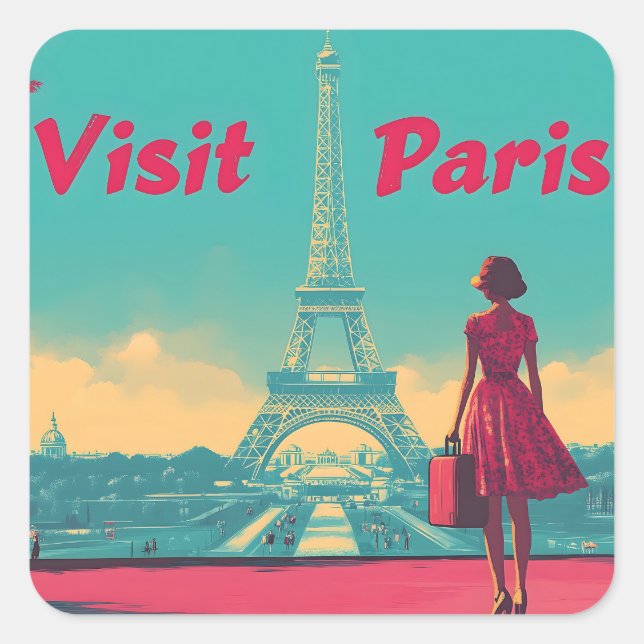 Postcard Retro Eiffel Tower Travel Illustration Square Sticker (Front)