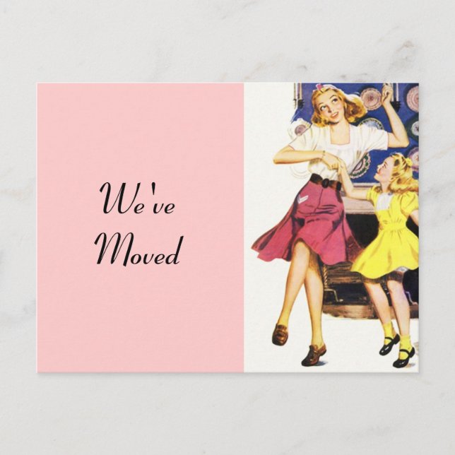 Postcard Retro Fun Mom Daughter Moved New Address (Front)